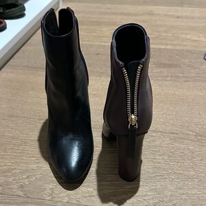 CAbi Black and Brown Ankle Boots with Gold Zipper